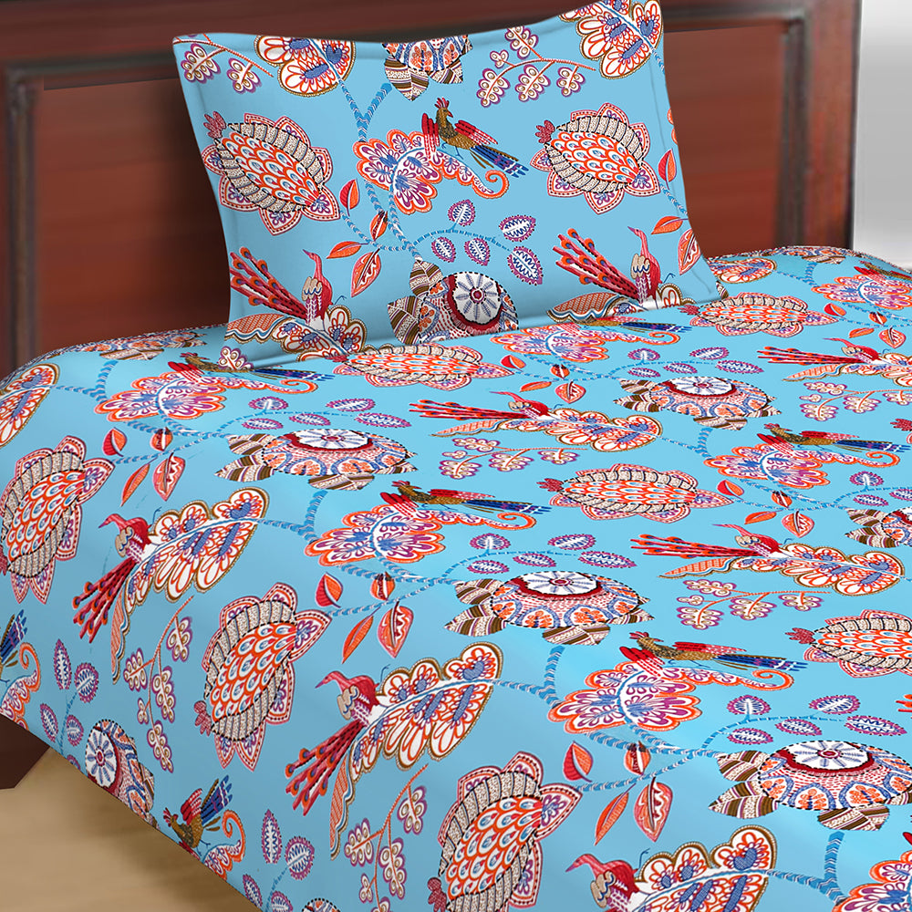 Butea Crape Pure Cotton floral print single bedsheets with one pillow cover