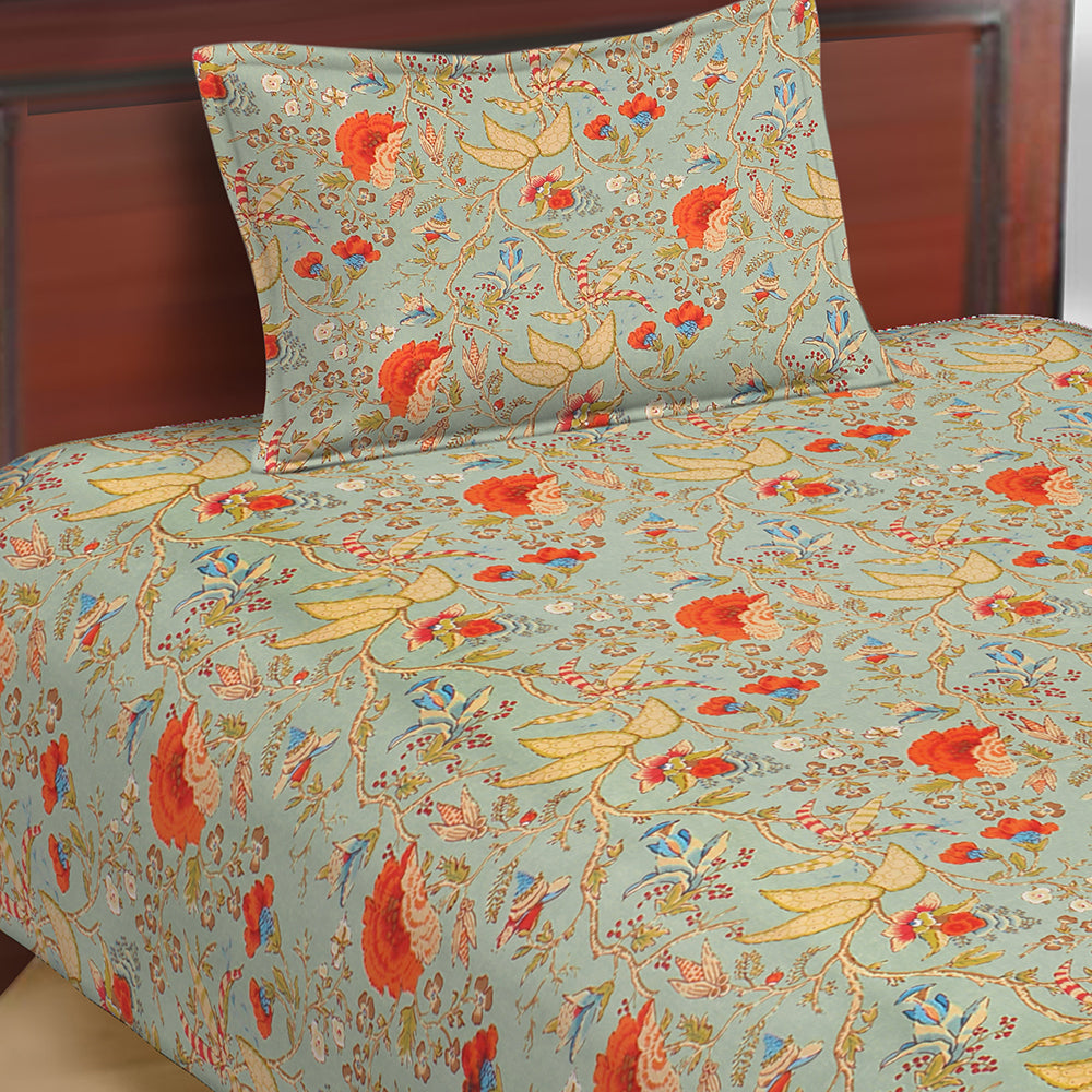 Butea Crape Pure Cotton floral print single bedsheets with 1 pillow cover