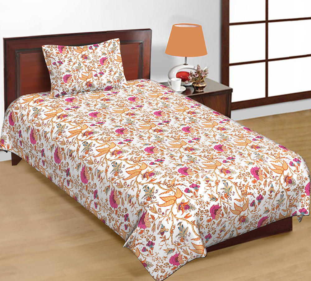 Butea Crape Pure Cotton floral print single bedsheets with 1 pillow cover