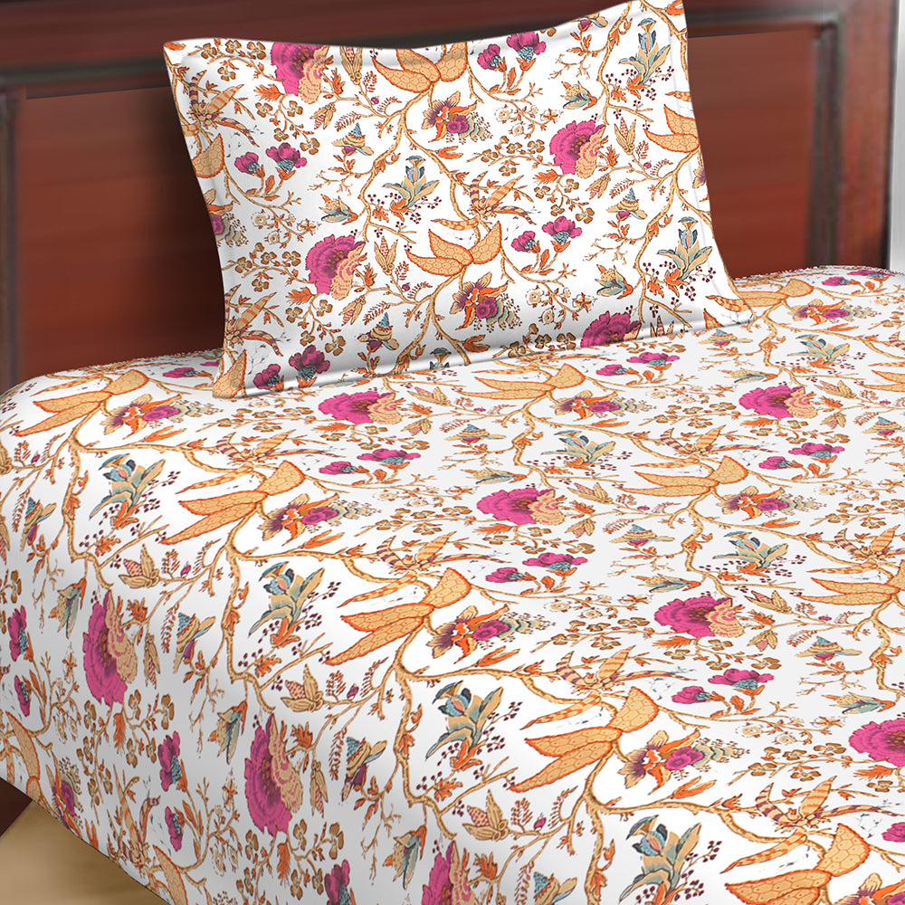 Butea Crape Pure Cotton floral print single bedsheets with 1 pillow cover