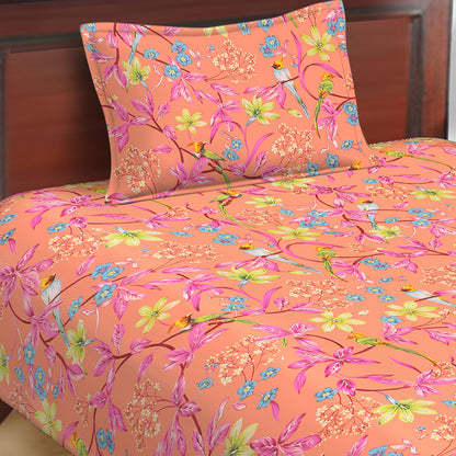 Butea Crape Pure Cotton floral print machine printed single bedsheets with single pillow cover