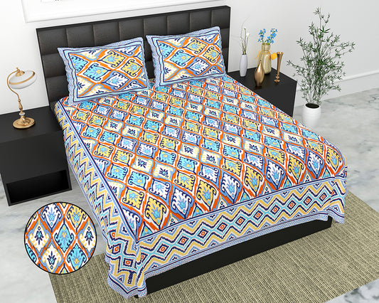 Butea Crape Pure Cotton 260 TC Super King Size Bedsheet with Geometric Pattern Suitable for King Size Bed