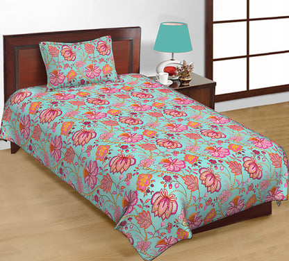 Butea Crape Pure Cotton floral print machine washable single bedsheets with one pillow cover