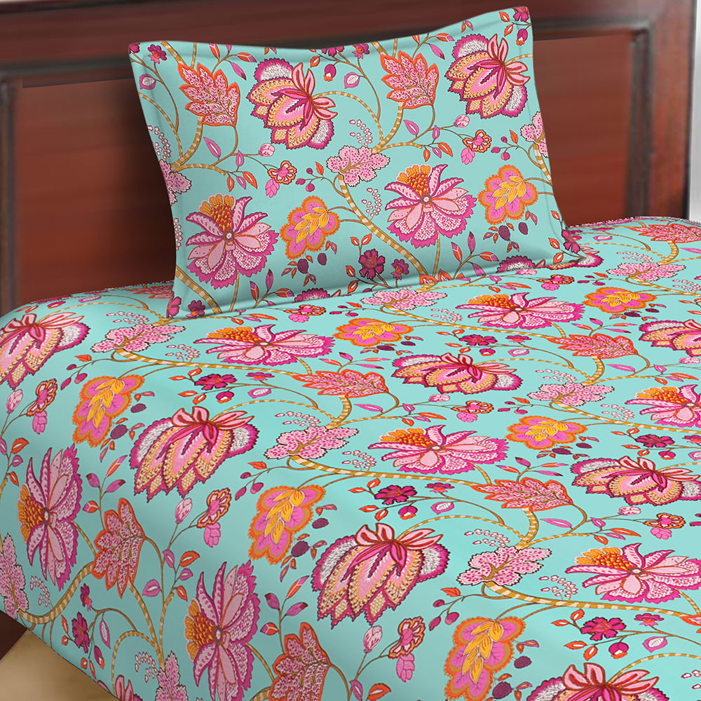 Butea Crape Pure Cotton floral print machine washable single bedsheets with one pillow cover