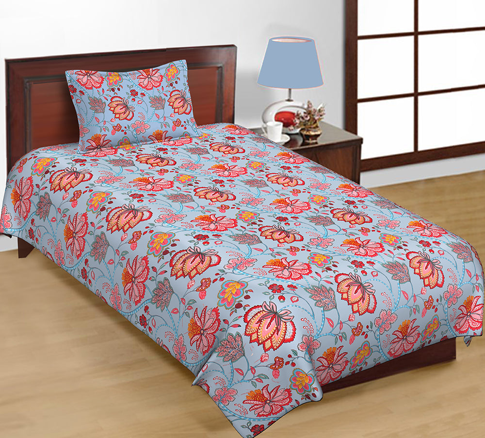 Butea Crape Pure Cotton floral print machine washable single bedsheets with one pillow cover