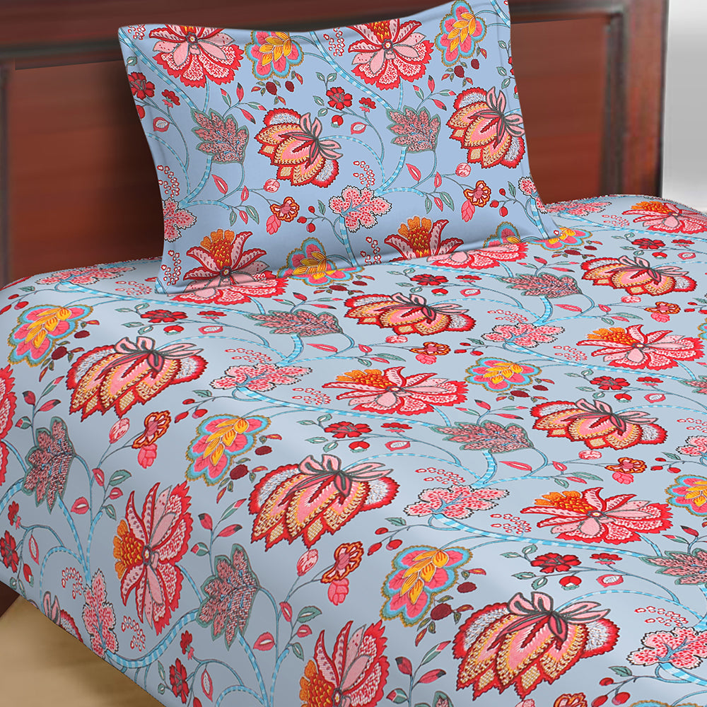 Butea Crape Pure Cotton floral print machine washable single bedsheets with one pillow cover